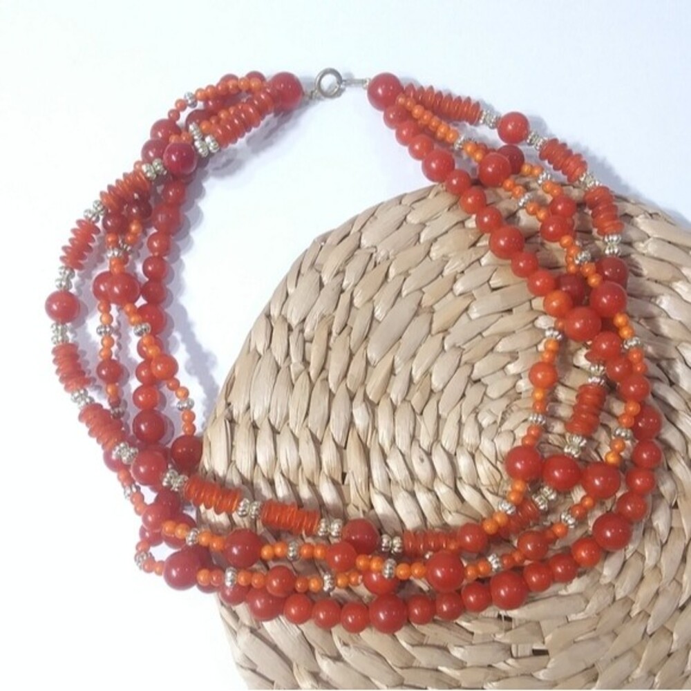 Vintage Beaded Multi-Strand Necklace, Orange and Gold Tone, 18"